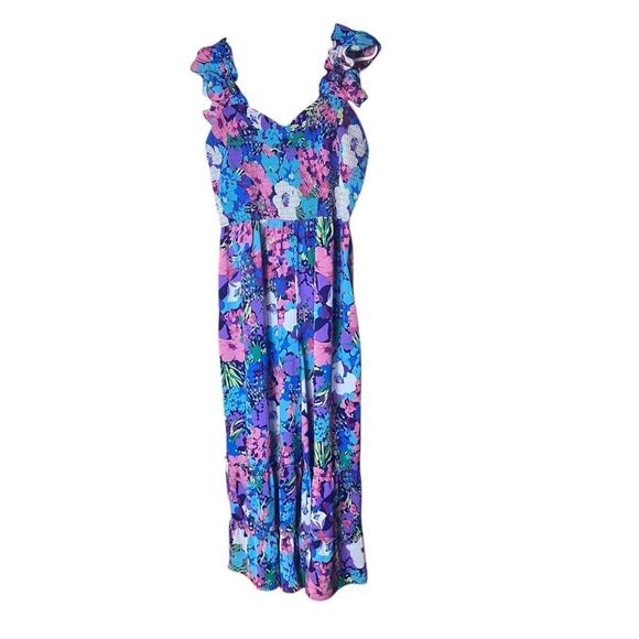 Hailey & Co Womens Navy Multi Colored Floral Ruffle Smocked Jumpsuit Size 2XL - Picture 1 of 6